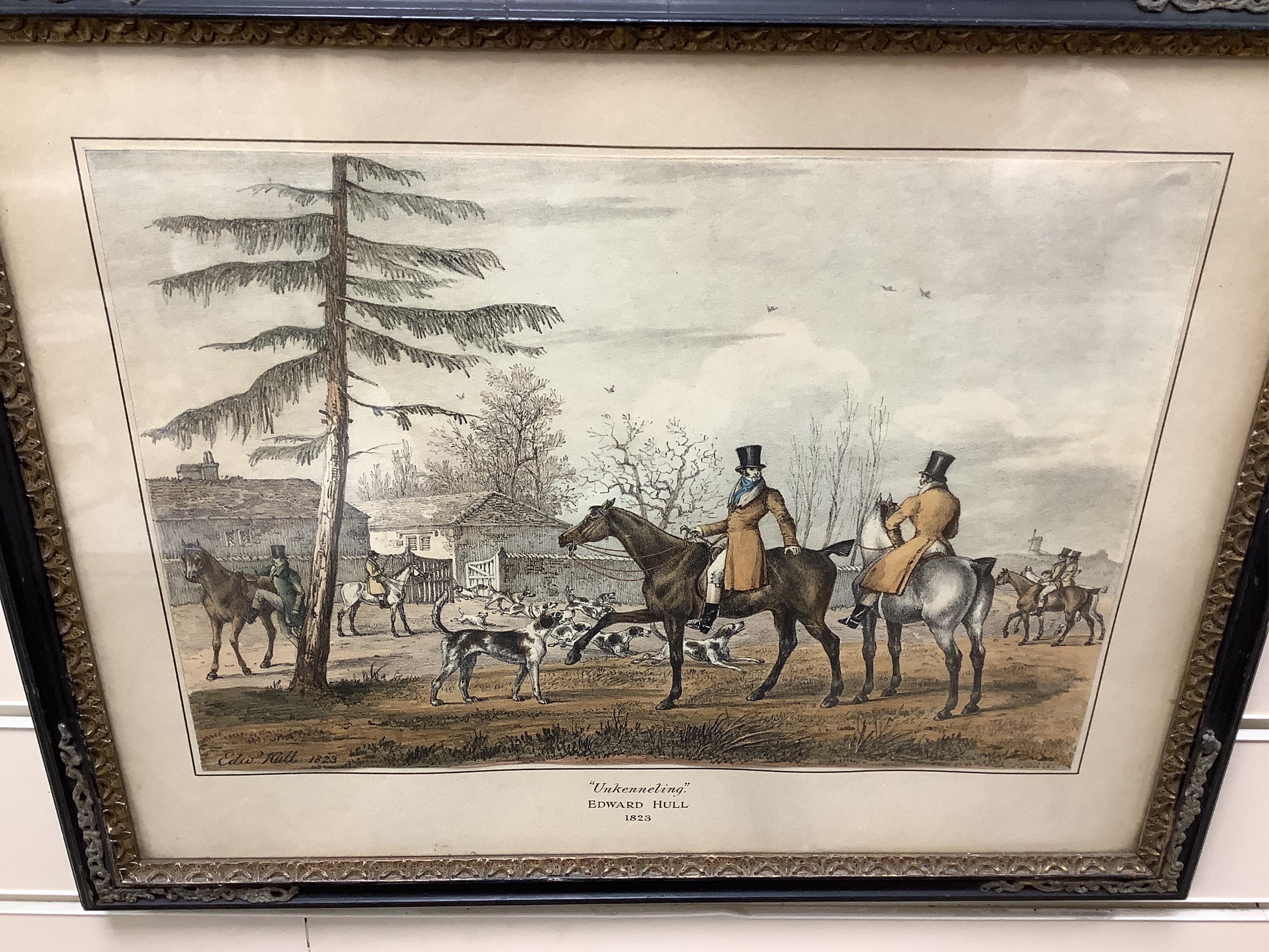 After Dean Wolstenholme (1757-1837) and Edward Hull, eight hunting interest lithographs to include: 'Unkenneling', 'Breaking cover', 'Morning' and 'Afternoon', 32 x 42cm